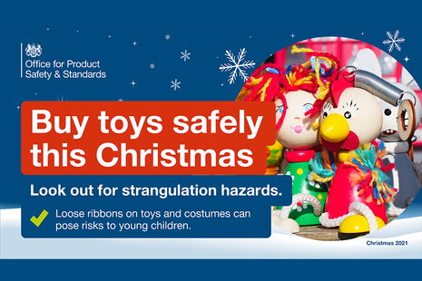 Image of toys and warning message to buy toys safely this Christmas