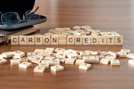 Wooden tiles with letters spelling out the words carbon credits