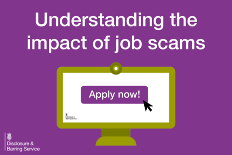 Graphic that reads: Understanding the impact of job scams. There is a small laptop icon, and the screen reads 'Apply now!'