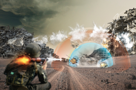 Graphic showing a protective bubble around a vehicle as a soldier fires a weapon upon it
