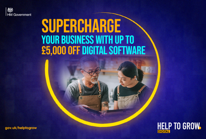 Help to Grow Digital campaign image of 2 workers holding tablets with text 'Supercharge your business with up to £5,000 off digital software'