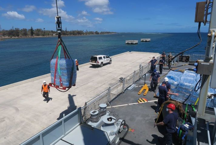 HMS Spey delivering humanitarian aid to Tonga