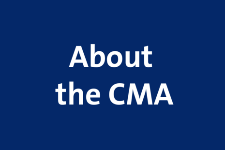 white text on a blue background, text reads: about the CMA