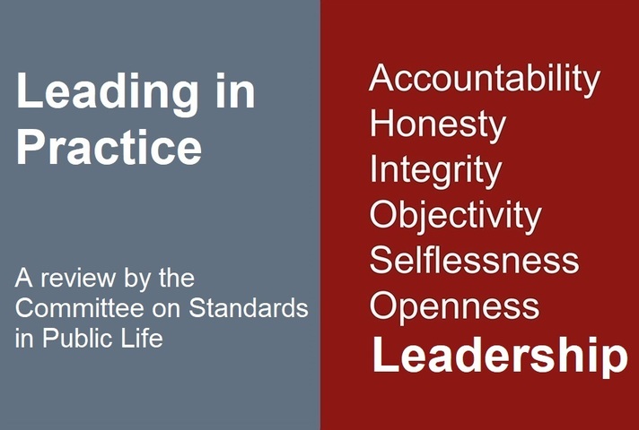 Leading in Practice on grey background; Principles of Public Life on red background
