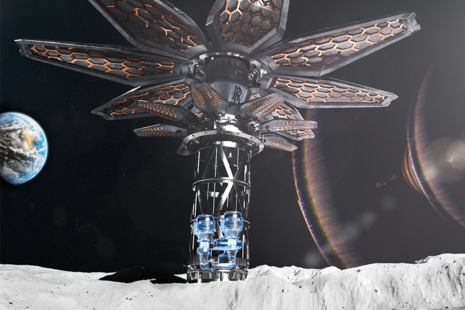 Computer generated image of artist's impression of future Moon base, with Earth in the background.