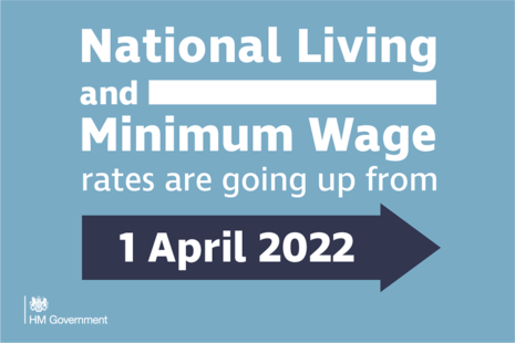 Graphic with text: National Living and Minimum Wage rates go up from 1 April