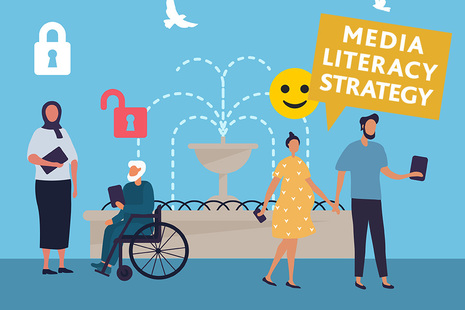 Graphic image of various people using internet connected devices.