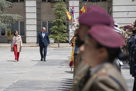 The Defence Secretary inspects a guard of honour alongside his Spanish counterpart.