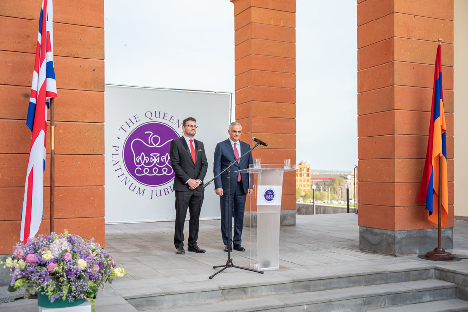 HM Ambassador to Armenia John Gallagher and Deputy Prime Minister of Armenia Mher Grigoryan at the Queen's Birthday Party in Yerevan