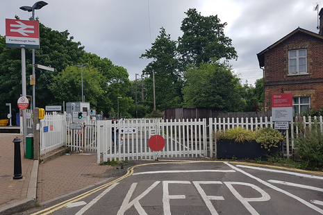 Farnborough North footpath level crossing, shown to the left of the image and adjacent to a user worked crossing which was not involved in the incident