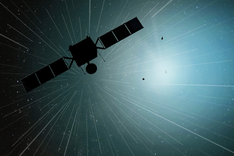 Artist's impression of Comet Interceptor mission, with spacecraft silhouetted in space. Credit: Geraint Jones, UCL Mullard Space Science Laboratory
