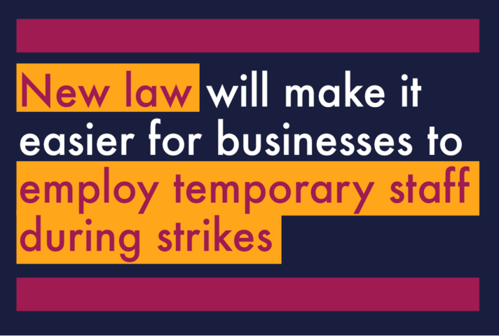Plain graphic in dark blue with text informing businesses that there is a new law to make it easier to hire temporary staff during strikes. 