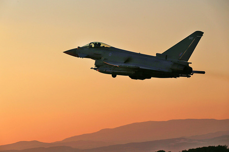 A Royal Air Force Typhoon departs on a mission supporting Operation Shader in support of the Counter-Daesh operations in Iraq and Syria.