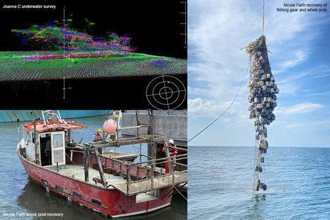 Montage showing an underwater survey video still of the wreck of fishing vessel Joanna C, the recovery of fishing vessel Nicola Faith's tangled gear and pots, and the recovered wreck of Nicola Faith secured alongside