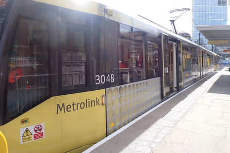 The tram in the platform at Shudehill during post-accident testing