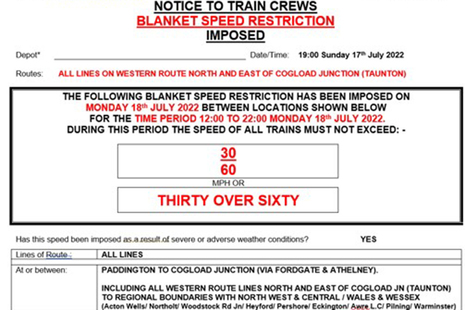 Extract from the BESR notices issued by the Western route (courtesy of Network Rail)