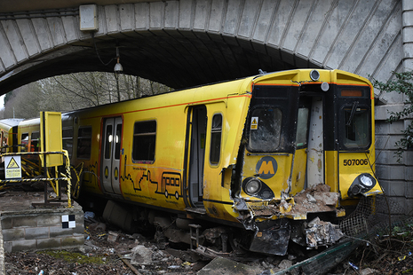 Derailed train after the collision