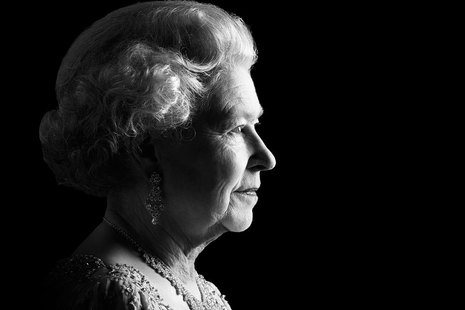 Black and white photograph of Her Majesty The Queen in profile