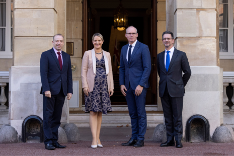 Secretary of State for NI Chris Heaton-Harris, Ireland's Minister for Justice Helen McEntee, Ireland's Minister for Foreign Affairs and Minister for Defence Simon Coveney, and Minister of State for NI Steve Baker stand outside Lancaster House.