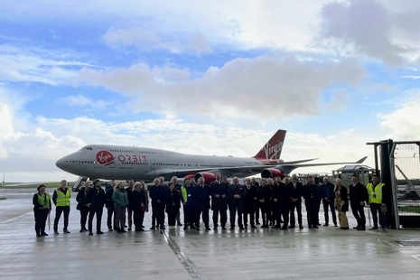 Science Minister, George Freeman, Transport Technology Minister, Jesse Norman, Spaceport Cornwall, Virgin Orbit and the UK Space Agency in front of Virgin Orbit’s carrier aircraft, Cosmic Girl.