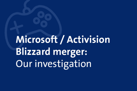 white text on a blue background, text reads: Microsoft / Activision Blizzard merger: Our investigation.