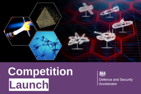 In 3 hexagon frames, an image of a white hot flame, an image of a tetrahedron and an image of a microscopic flexible structure. In the background, wireframe icons of a satellite, submarine, fighter jet, tank and missile
