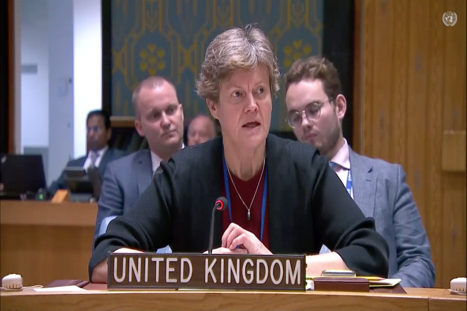 Ambassador Barbara Woordward speaks to the Security Council