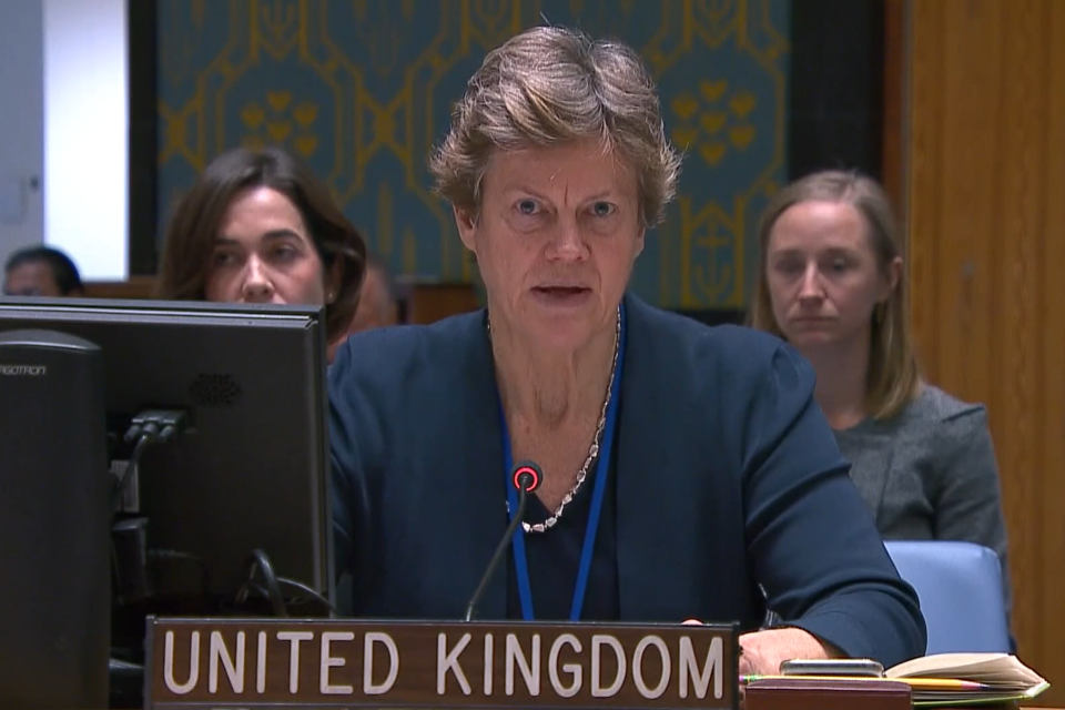 Ambassador Barbara Woodward speaks to the Security Council