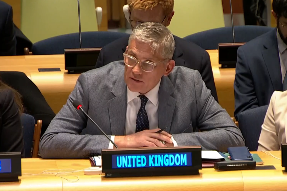 Том Вудрофф, посол Великобритании в ЭКОСОС ООН, выступает на совещании по формуле Аррии по климату и безопасности
