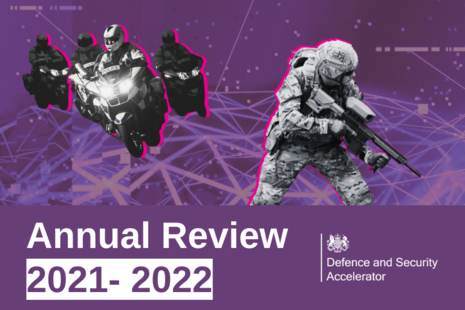 An Image of a futuristic UK soldier and UK motorcycle police against the backdrop of a digitalised purple background. 