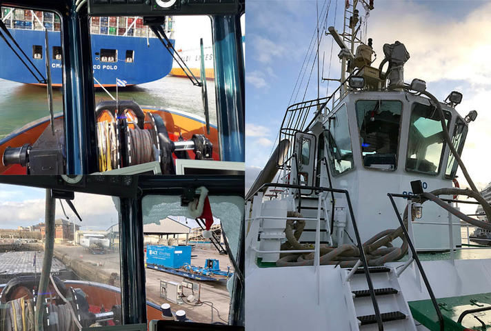 Accident sequence: tug Svitzer Mercurius attached to an ultra-large container ship's aft; the parted towline after it recoiled and struck the tug's wheelhouse; and, the shattered starboard forward window pane from inside the tug's wheelhouse.