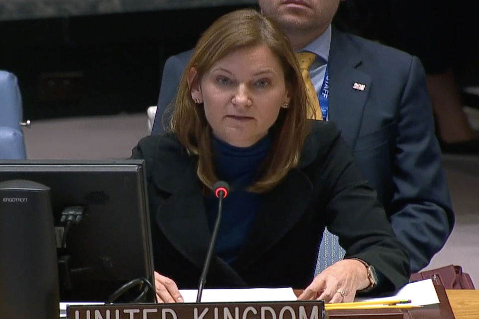 Элис Джейкобс, заместитель политического координатора ООН от Великобритании, выступает в Совете Безопасности ООН