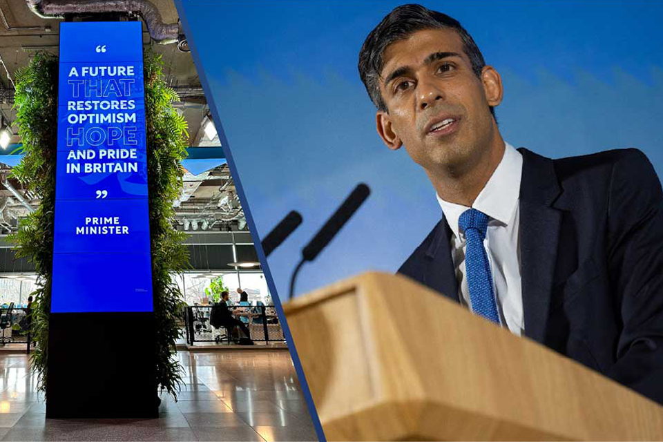 Photo of Prime Minister Rishi Sunak delivering a speech on building a better future.