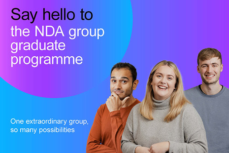 Title of the NDA group graduate programme on a bright blue and pink background with two male and one female graduate smiling