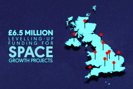 "6.5 million levelling-up funding for space growth projects". Map of UK with pins for areas receiving funding.