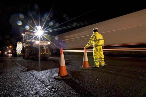 Road works at night.