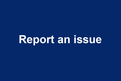 white text on a blue background, text reads: Report an issue