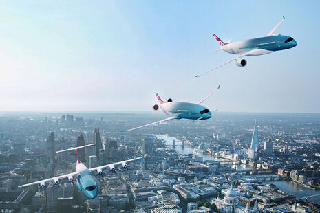 Изображение концептуальных самолетов на жидком водороде, летящих над Лондоном