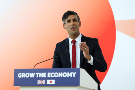 Prime Minsiter Rishi Sunak speaks at a Business reception at the Roppongi Hills Mori Tower during a visit to Tokyo ahead of G7 Summit.