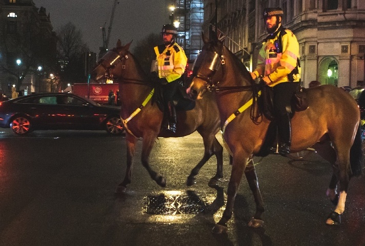 Two officers on mounted police patrol in busy city centre.