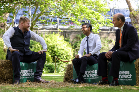 Prime Minister Rishi Sunak speaks with Kaleb Cooper and Charlie Ireland who star in Television show Clarkson’s Farm as they attend the Farm to Fork Summit in the gardens of 10 Downing Street.