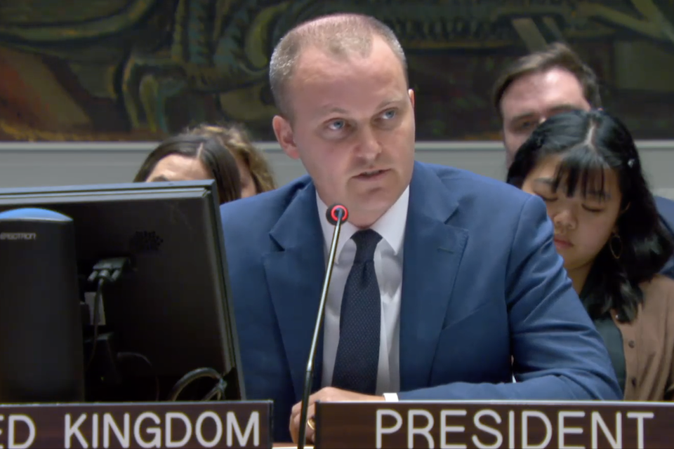 Фергус Экерсли, политический координатор Великобритании, выступает в Совете Безопасности ООН