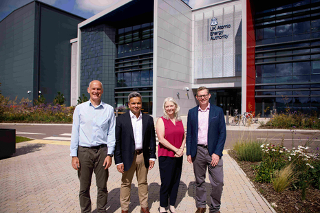 UKAEA appoints STEP directors. Pictured at UKAEA's Culham Campus in Oxfordshire, L-R: Prof Chris Waldon, Sounak (Sho) Dutta, Debbie Kempton and Dr James R Cowan.