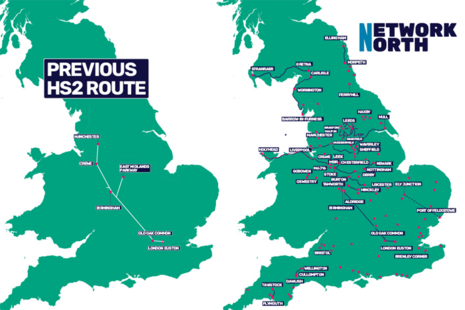 Две карты Великобритании рядом, показывающие предыдущий маршрут HS2 и новые планы Network North.