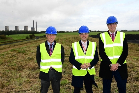Paul Methven, Andrew Bowie MP, Prof Sir Ian Chapman, standing in front of West Burton power station, which will be the site of STEP fusion energy power plant.