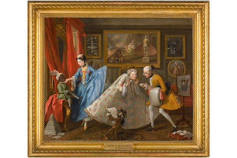На картине Уильяма Хогарта XVIII века изображены четыре фигуры: женщина, одетая в сине-красное платье, сидящий ребенок в зеленом наряде, мужчина в желтом костюме с белыми чулками и пожилая женщина в широких юбках.
