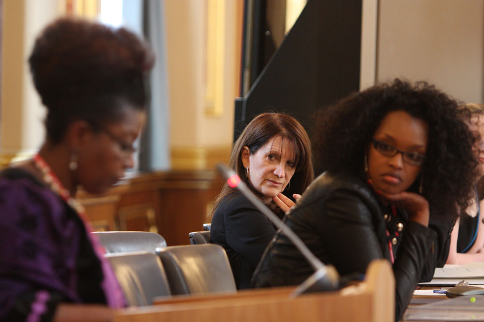 Panellists on the female genital mutilation (FGM) and forced marriage discussion: Efua Dorkenoo, Nimco Ali and International Development minister, Lynne Featherstone. Picture: Patrick Tsui/FCO