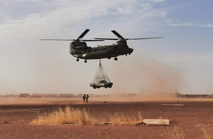 RAF Chinooks in Mali dropping supplies to troops on the ground.