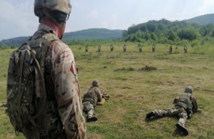 UK troops practicing shooting in a field lying on the floor pointing at the target.