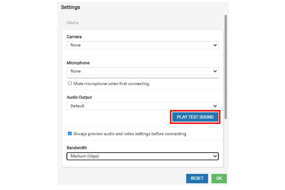 CVP settings window with play test sound highlighted in red.